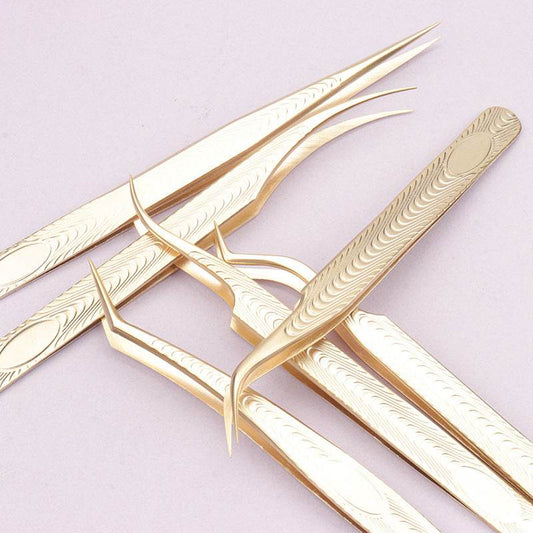 Stainless Steel Eyelash Flowering Tweezers Golden Grafting Eyelash Tweezers - Mubimart