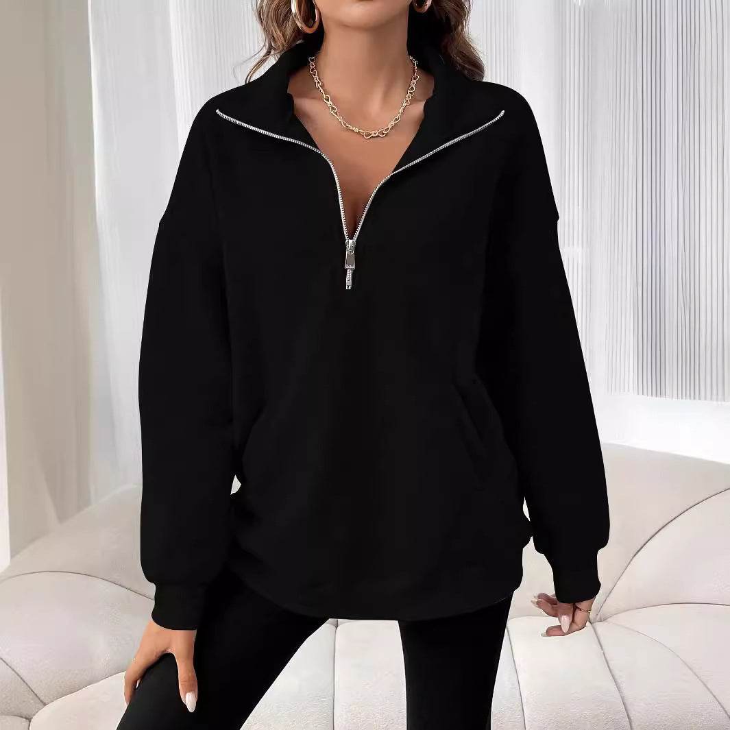 Polo Collar Solid Color Casual Women's Hoodie - Mubimart