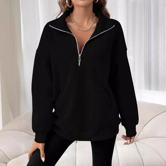 Polo Collar Solid Color Casual Women's Hoodie - Mubimart