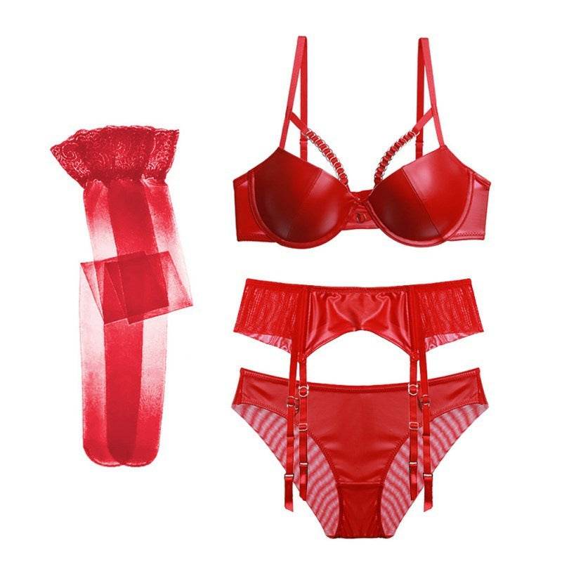 Motorcycle Leather Push Up Bra Set - Mubimart