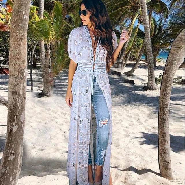 Women Crochet Beach Knitted Beach Cover Up Dress Tunic Long - Mubimart