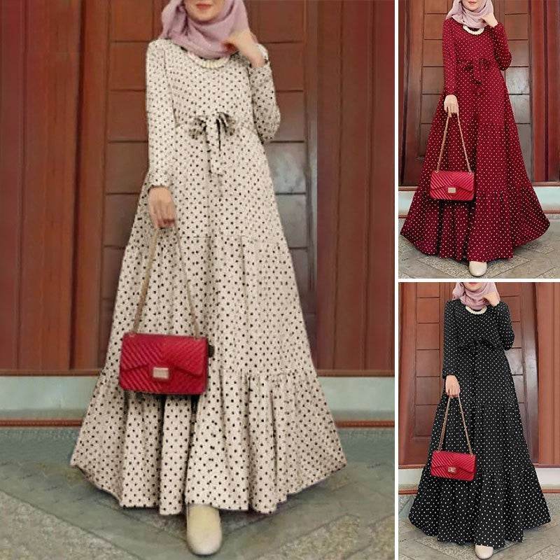 Women Polka Dot Long Sleeve Dress Stylish Belts Party Robe - Mubimart
