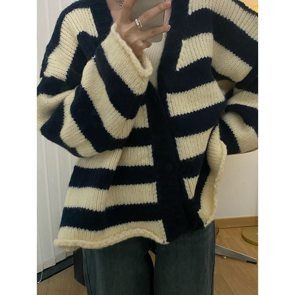 Plus Size Thick Needle Striped Sweater Cardigan - Mubimart -  