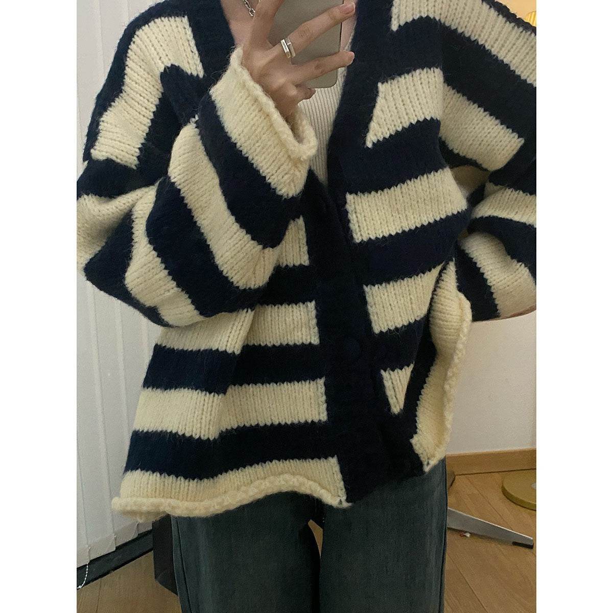 Plus Size Thick Needle Striped Sweater Cardigan - Mubimart