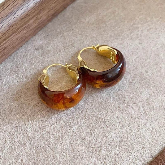 Vintage Brown Acrylic U-Shaped Hoop Earrings For Women Elegant Gold Color Geometric Hollow Ear Buckle Party Jewelry Accessories - Mubimart