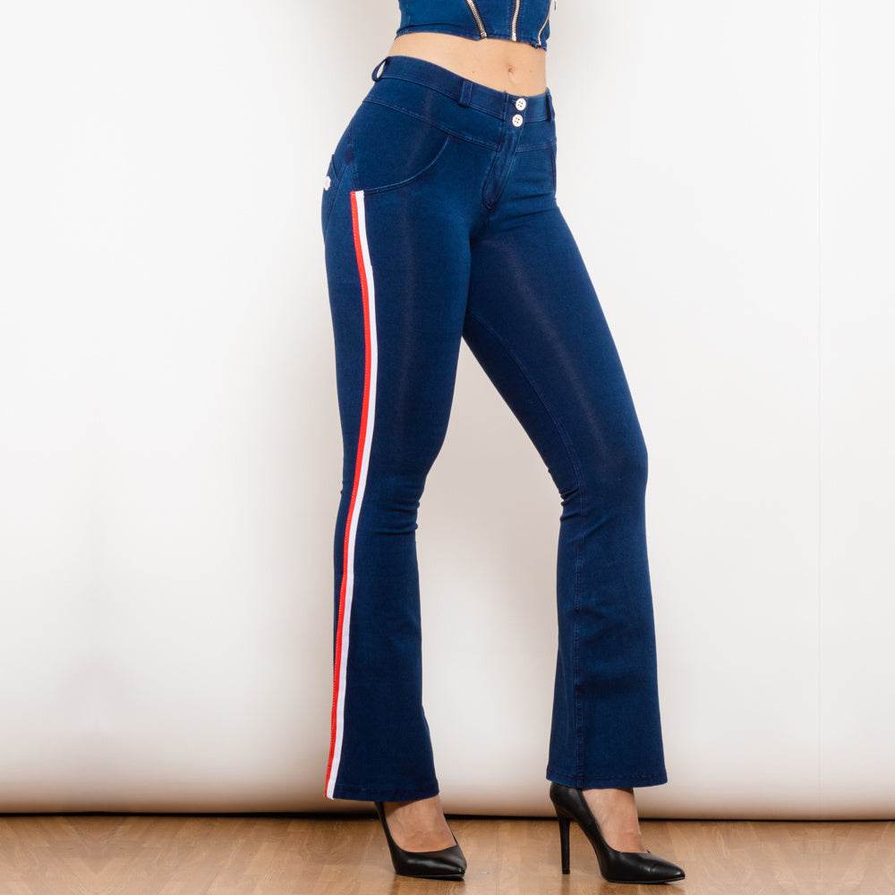 Shascullfites Melody Fashion White Red Side Stripe Flare Jeans Butt Lifting Female Casual Elasticity Dark Blue Denim Bell Pants - Mubimart