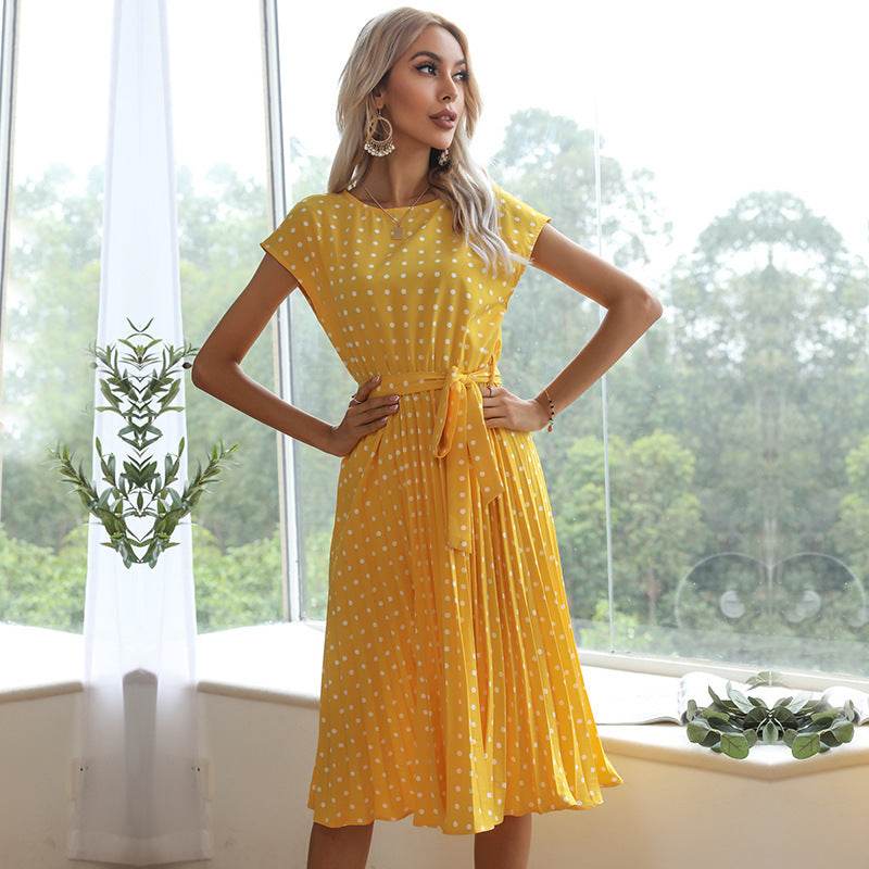 Summer Women Polka Dot Short Sleeve Dress Casual Bandage Party Pleated Midi Dresses Elegant Green Office Lady Clothing - Mubimart