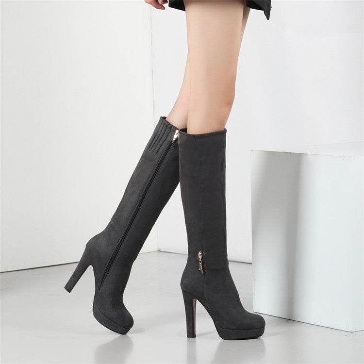 Block Heel Zip Solid Suede Tall Boots - Mubimart
