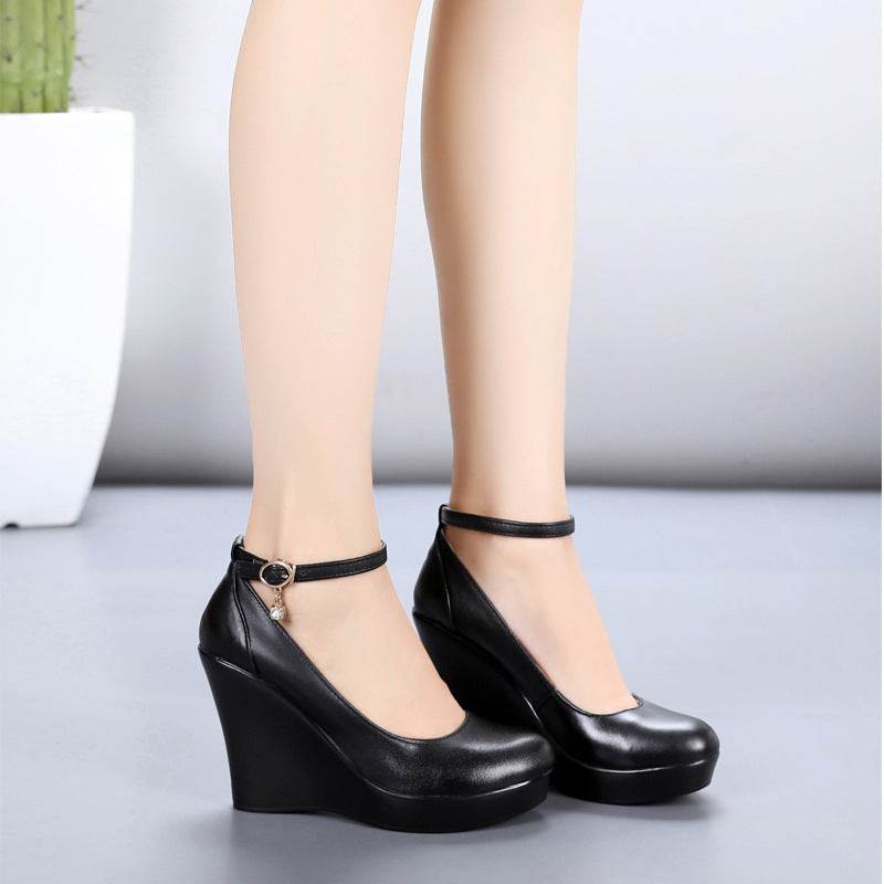 Fashion Ankle Strap High Wedges Platform Pumps For Women Casual Genuine Leather Black Work Shoes High Heels - Mubimart
