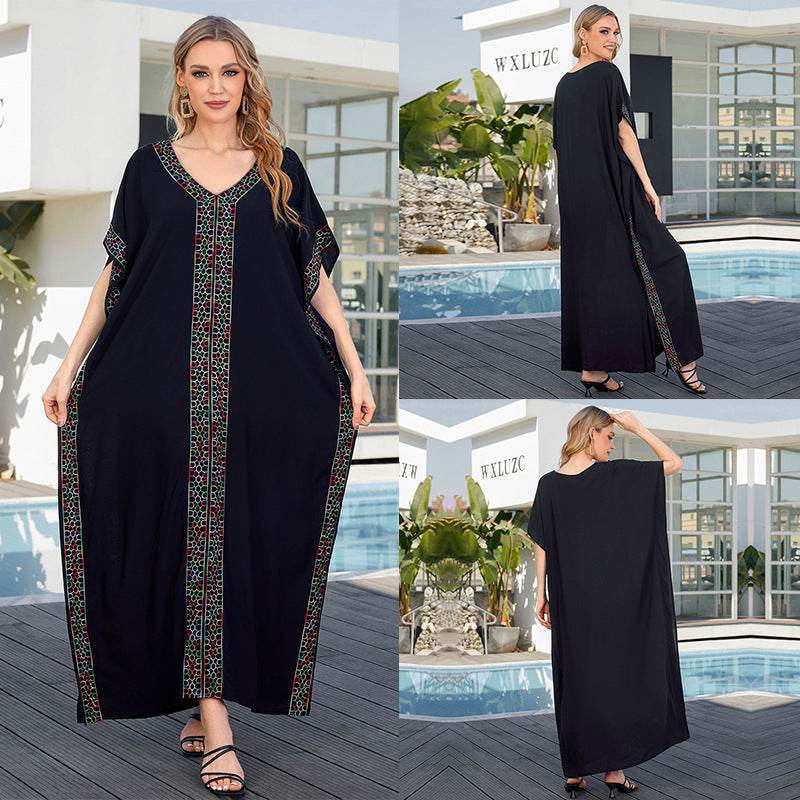 Rayon Embroidered Holiday Loose Plus Size Robe Dress - Mubimart