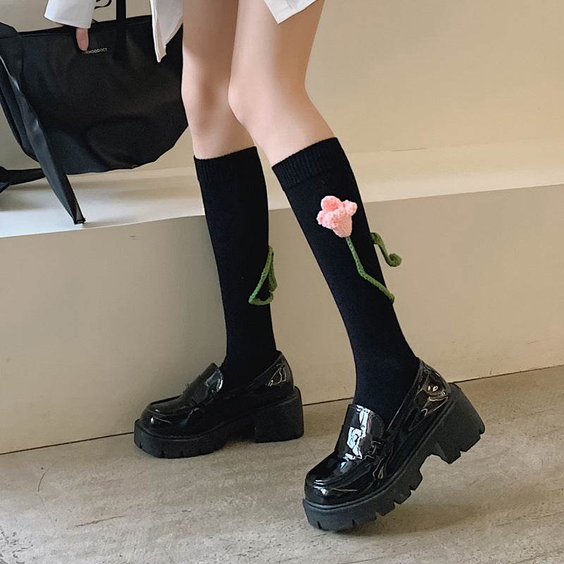 Handmade Flowers Calf Socks Women's Cotton Long Tube Internet Celebrity INS Tide High Tube JK Knee-length Calf Socks - Mubimart
