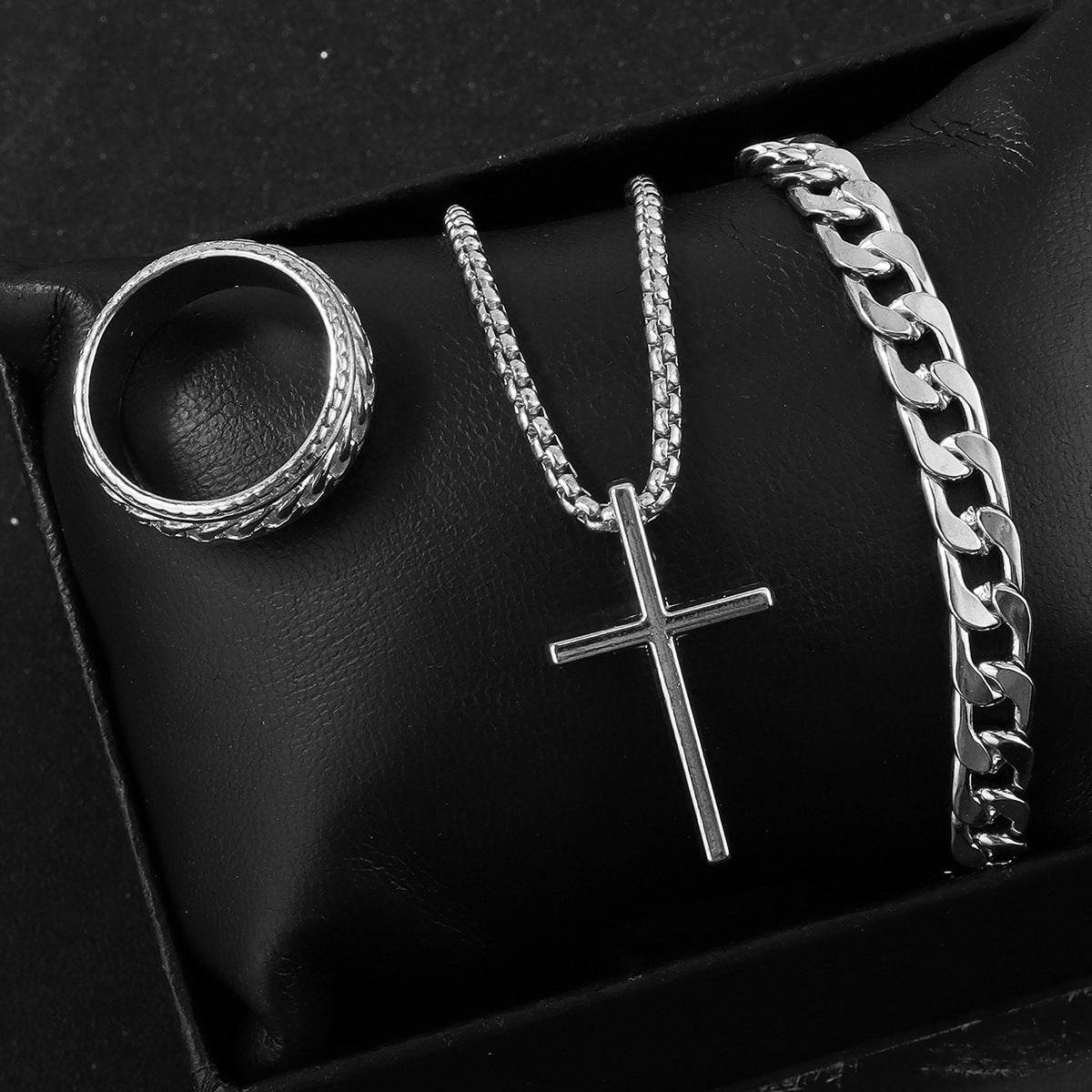 Men's Cross Necklace Ring Bracelet Suit - Mubimart