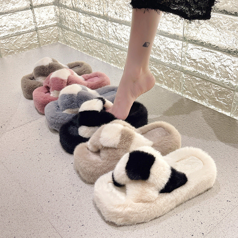 Cross-strap Fuzzy Slippers With 5cm Heel Shoes Women Fashion Winter Indoor Plush House Shoes - Mubimart -  