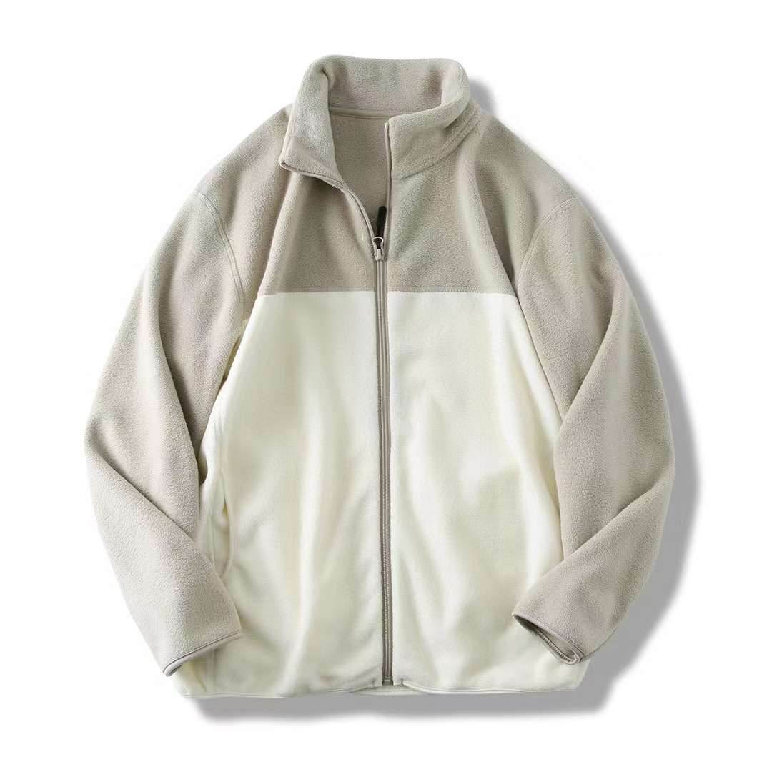 Polar Fleece Zipper Jacket Jacket Fleece Sweater Coat Color Contrast Patchwork - Mubimart