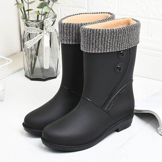 Fashion Velvet Padded Rain Boots Women Warm Knee-high Rain Boots - Mubimart