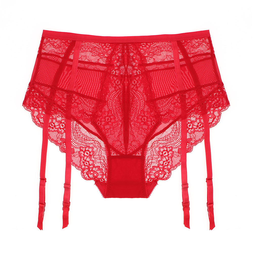 High Waist Panties Sheer Lace Suspenders - Mubimart -  