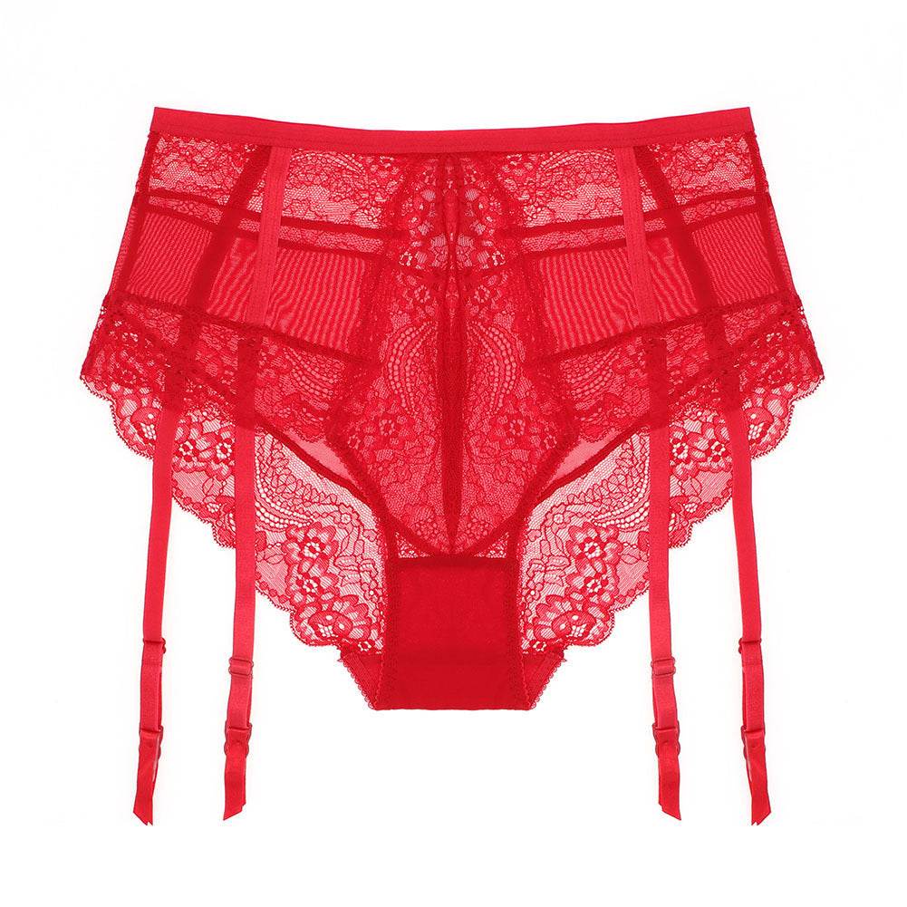 High Waist Panties Sheer Lace Suspenders - Mubimart