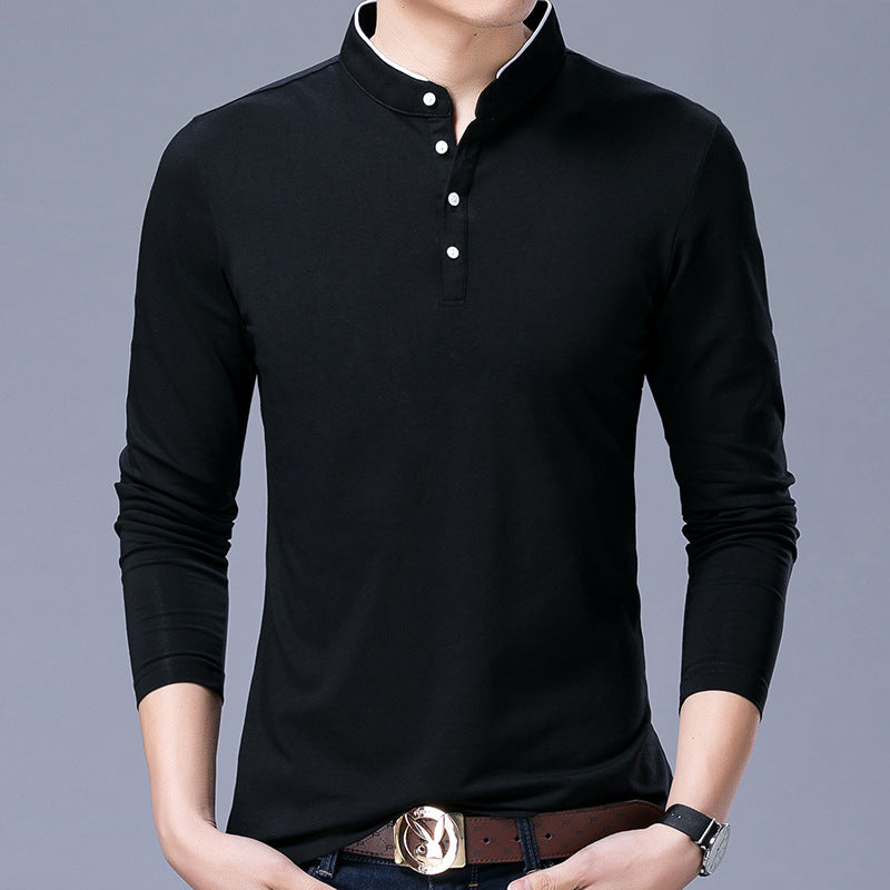 Mens Coton Stand Collar Long Sleeve T-Shirt