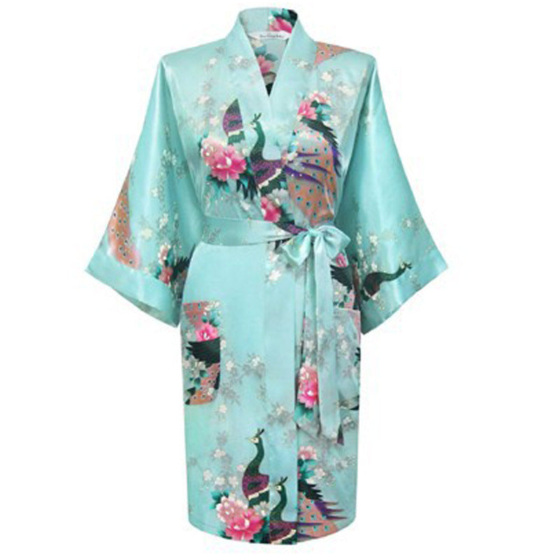 Silk nightgown peacock nightgown sexy cardigan - Mubimart -  