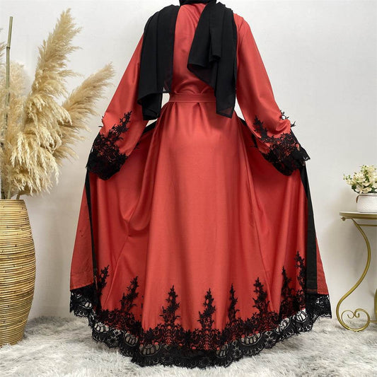 Muslim Fashion Lace Patchwork Loose Cardigan Robe For Women - Mubimart