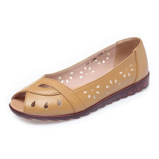 Peep Toe Sandals Women's Flat Bottom Comfort Leather Soft Bottom - Mubimart