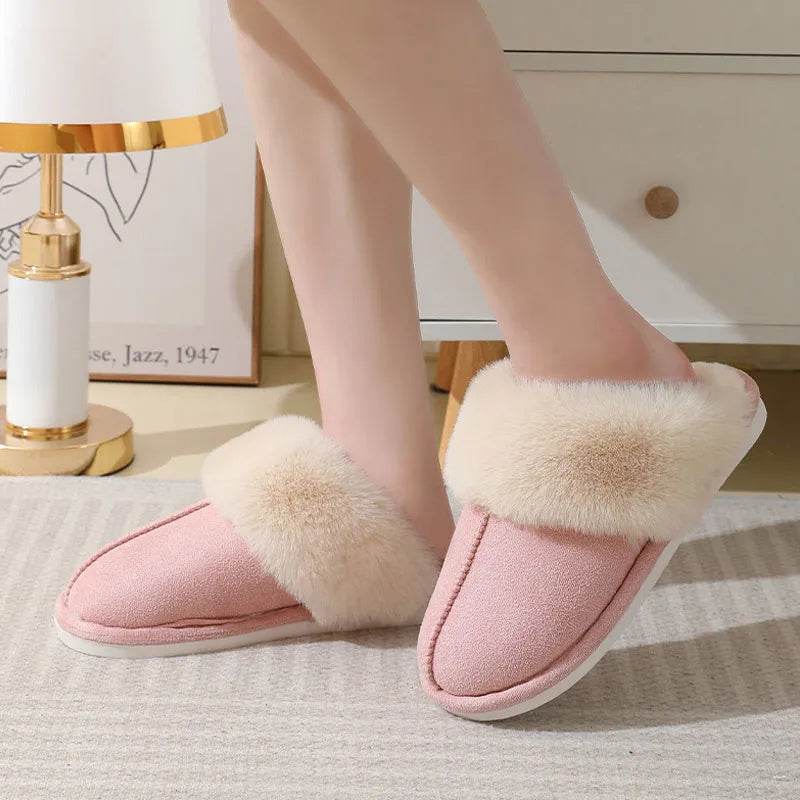 Winter Warm Plush Home Slippers Indoor Fur Slippers Women Soft Lined Cotton Shoes Comfy Non-Slip Bedroom Fuzzy House Shoes Women Couple - Mubimart