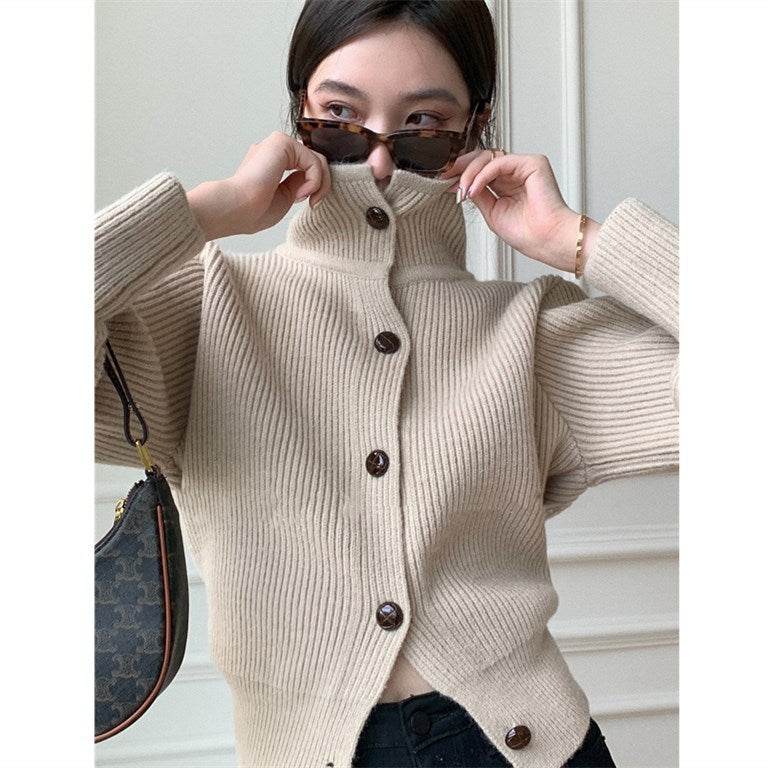 Stand-up Collar Knitted Top Women's Cardigan Loose Long-sleeved Sweater - Mubimart