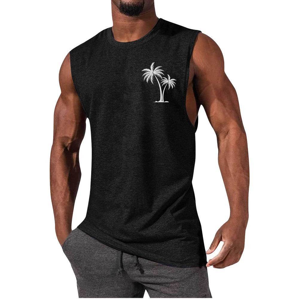 Coconut Tree Embroidery Vest Summer Beach Tank Tops Workout Muscle Men Sports Fitness T-shirt - Mubimart