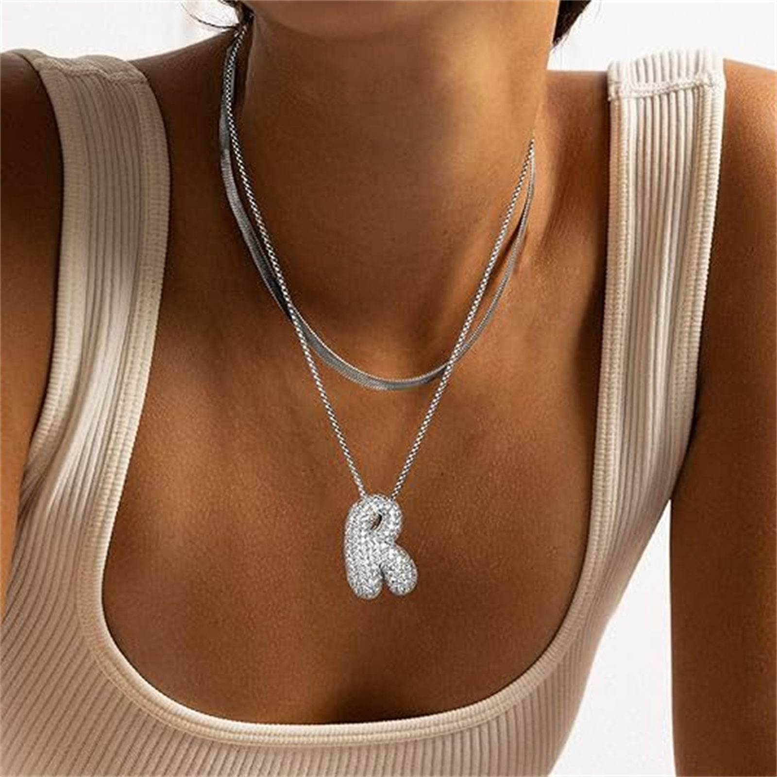 Brass Zircon Balloon English Letter Necklace - Mubimart