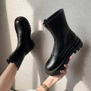 Retro Mid-calf Length Thin Front Women's Zipper Boots - Mubimart