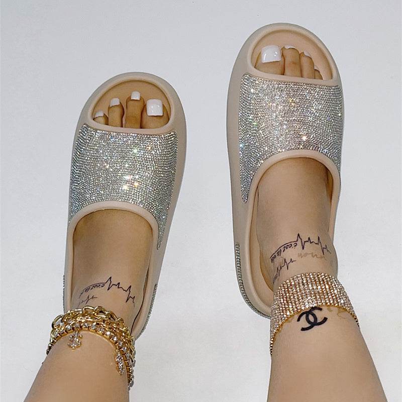 Rhinestone Slippers Women PeepToe Thick Sole Shoes Fashion Slides Summer - Mubimart