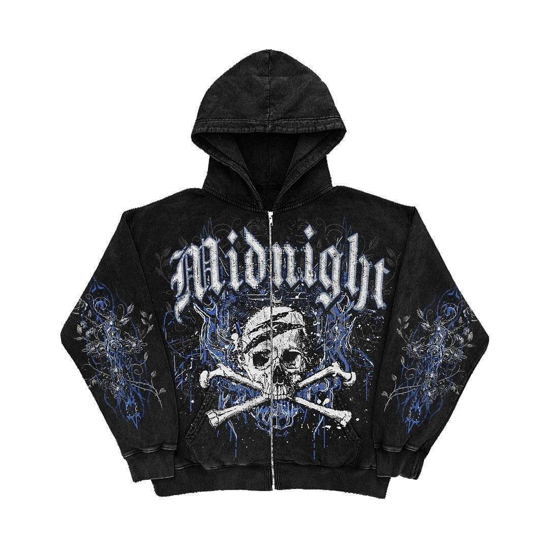 Female American Skeleton Printed Zipper Hoodie - Mubimart
