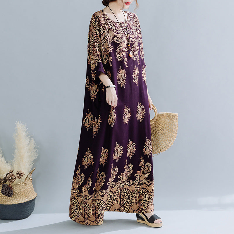 Spring Ethnic Style Plus Size Women's Cotton Silk Robe Loose Dress - Mubimart -  