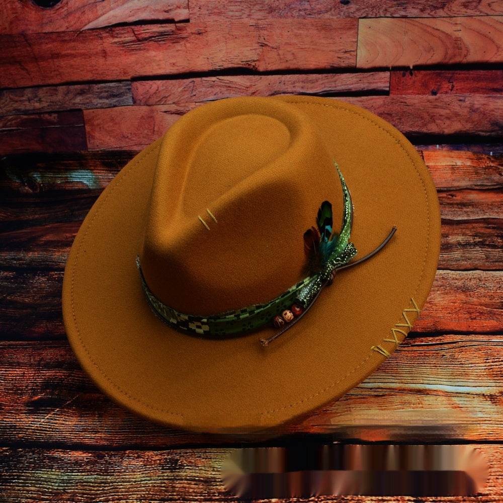 Western Original Design Manual Sewing Needle Woolen Felt Hat High-end And Fashionable Feather Model Fedora Hat - Mubimart