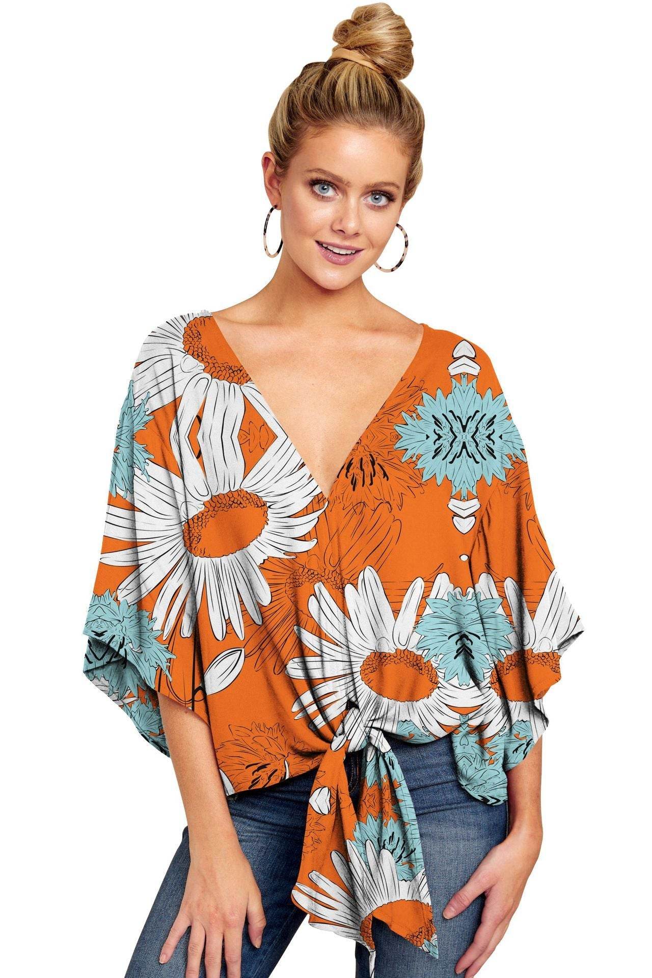 New V Neck Blouse Women Leopard Print Shirts Floral Tie Front Blouses Batwing Summer Oversize Ladies Tops - Mubimart