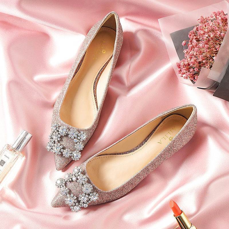 Women's Rhinestone Pearl Pointed Toe Flat Shoes - Mubimart