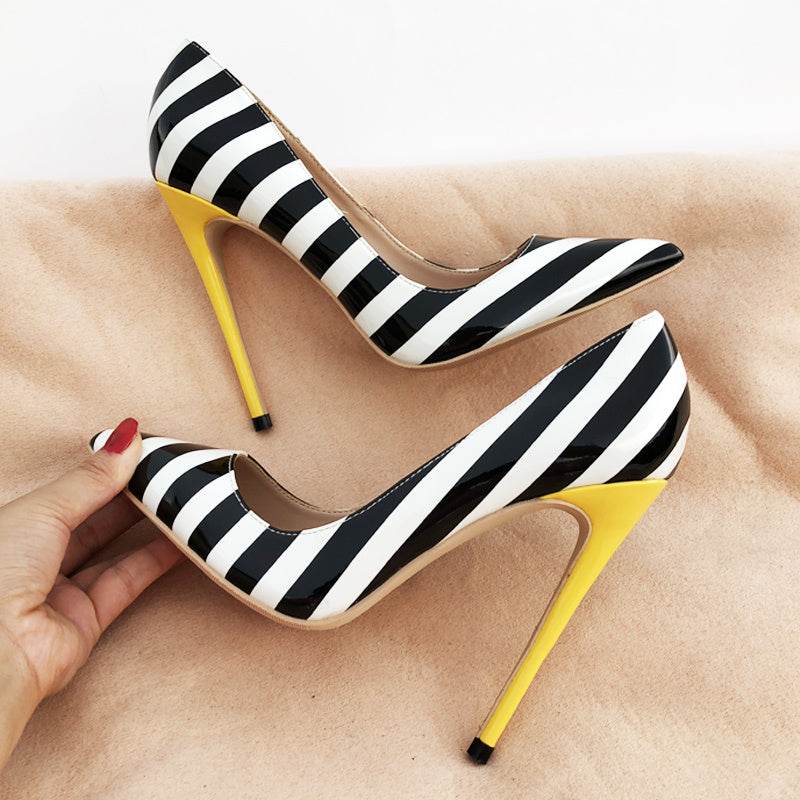 Striped patent leather point-toe pumps - Mubimart