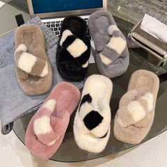 Cross-strap Fuzzy Slippers With 5cm Heel Shoes Women Fashion Winter Indoor Plush House Shoes - Mubimart -  