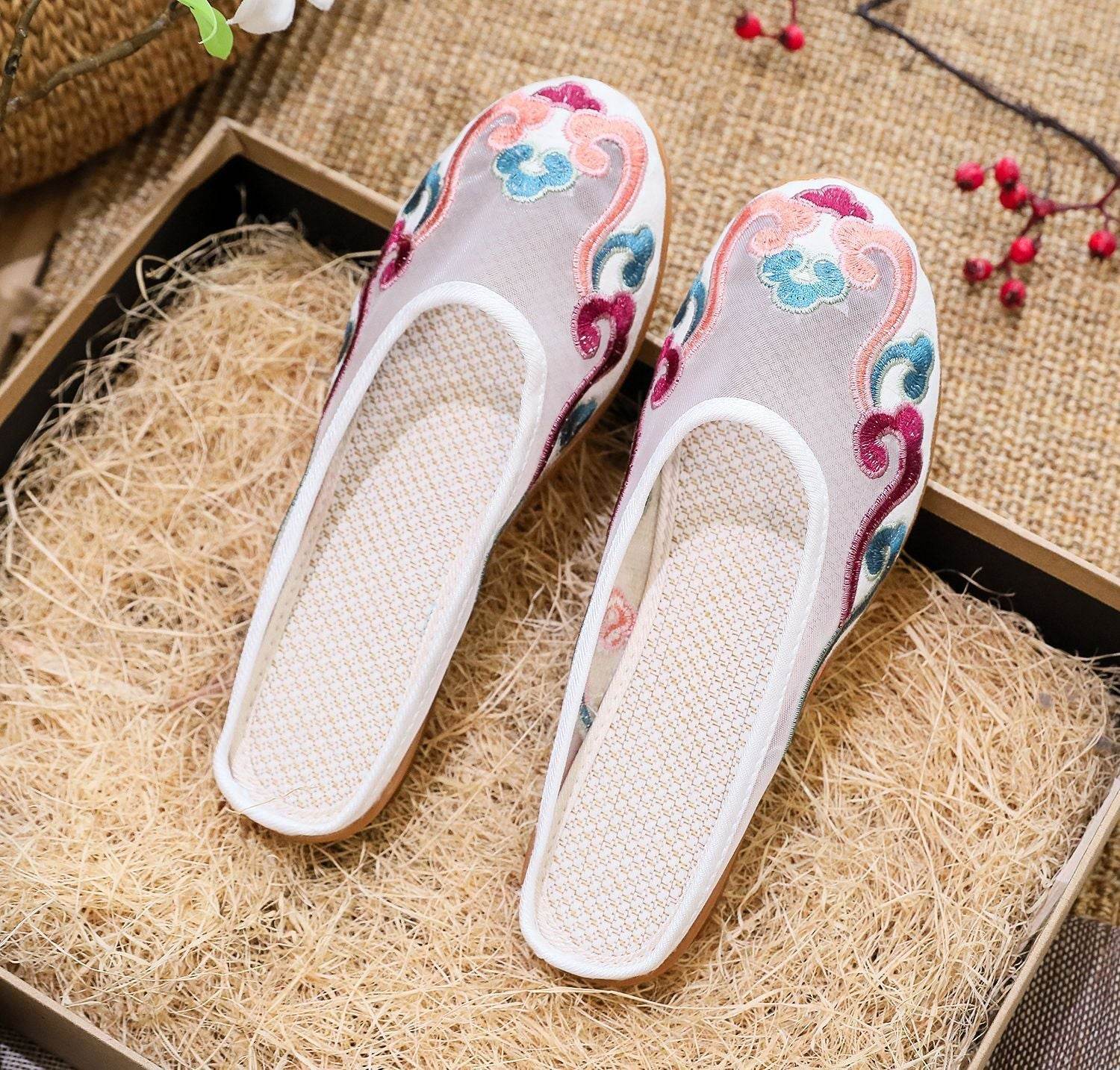 Slippers Mesh Embroidered Cotton Shoes Casual Women Outdoor Slippers - Mubimart
