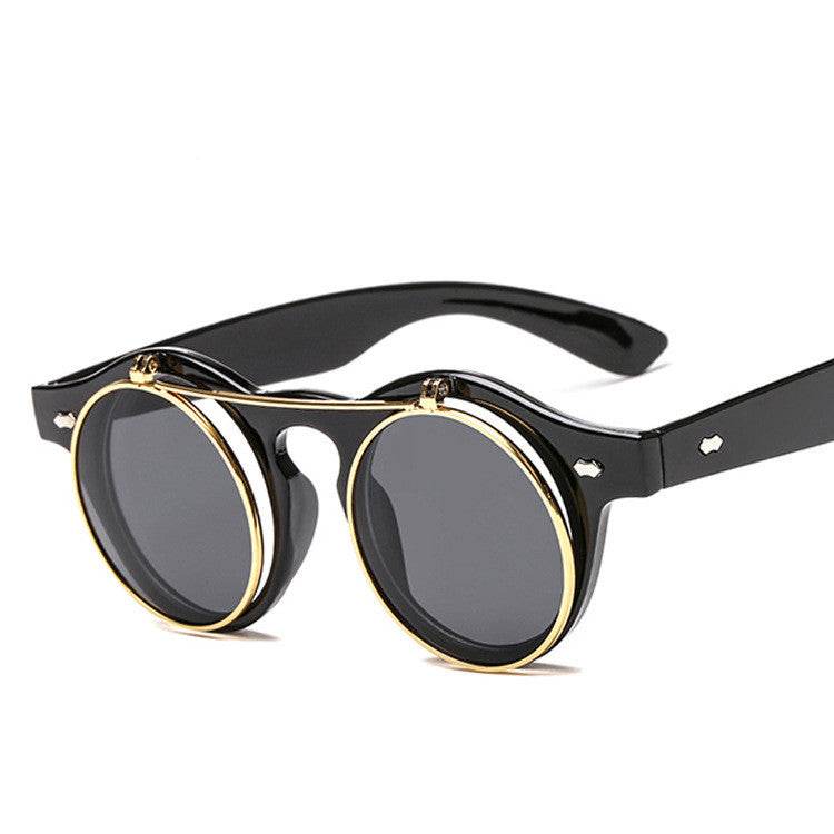 Sunglasses Women Brand Designer Retro Round Steampunk Steam Punk Metal Flip Cover Fashion Sun Glasses - Mubimart