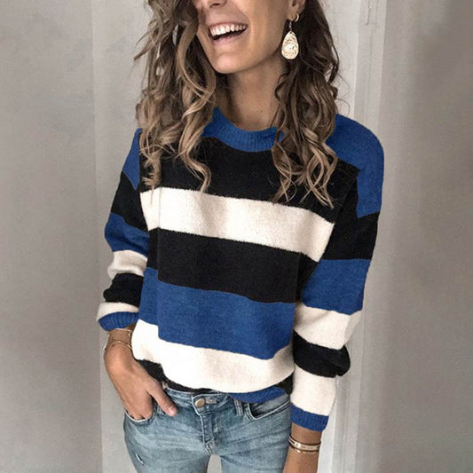 Plus size women's contrast striped sweater - Mubimart