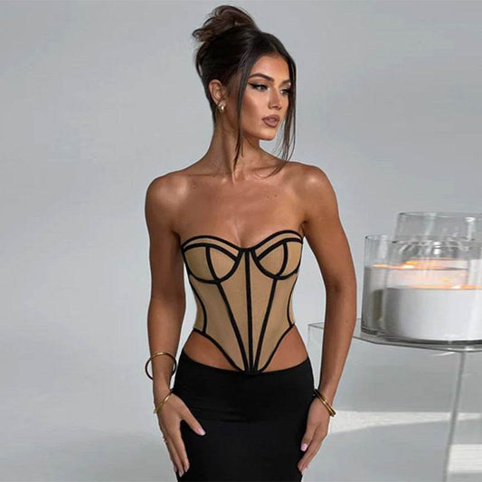Tube Top Backless Design Lines Contrast Color Corset Top For Women - Mubimart
