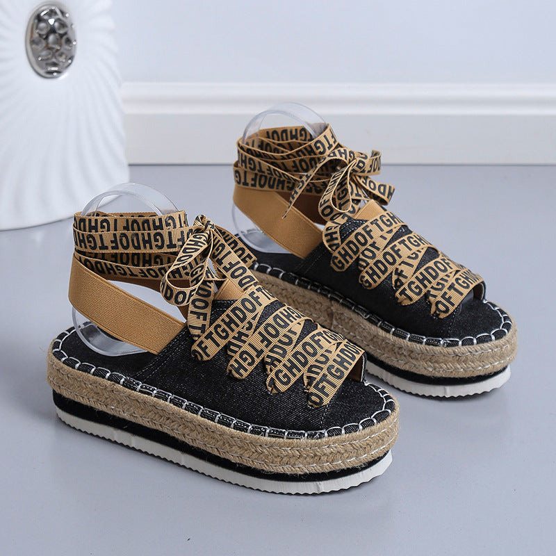 Women's Woven Thick Espadrille Lace-up Casual Shoes