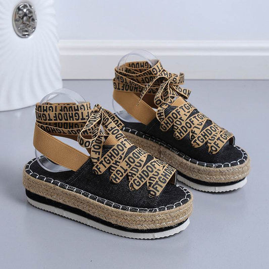 Women's Woven Thick Espadrille Lace-up Casual Shoes - Mubimart