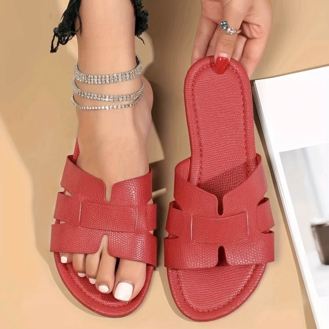 Square Toe Flat Sandals Summer Hollow Out Slides Slippers Women Footwear - Mubimart