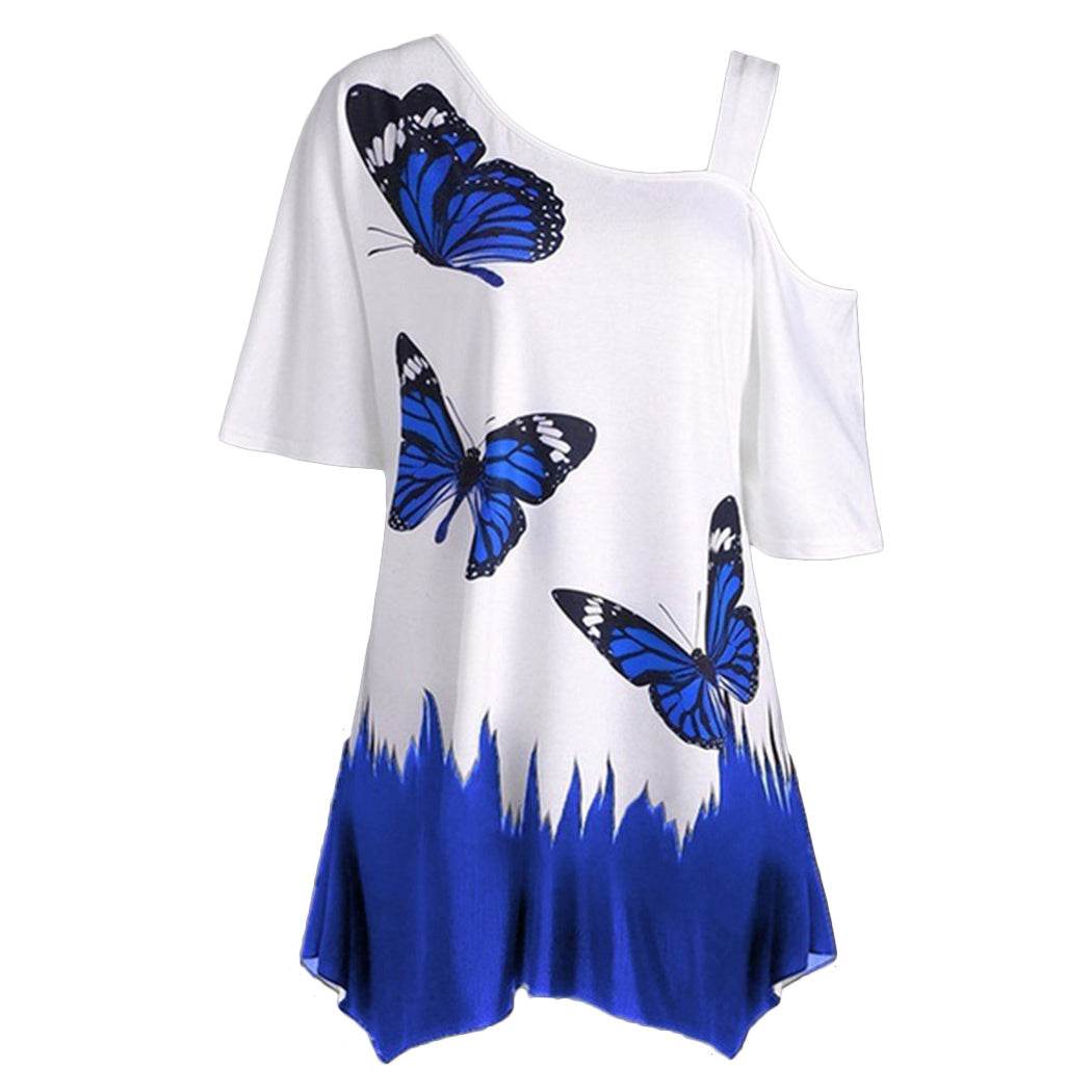 Short Sleeve Women Tops One Shoulder Summer Fashion Butterfly Printed Blouse Plus Size Tunic Casual Shirts Loose Blusas - Mubimart