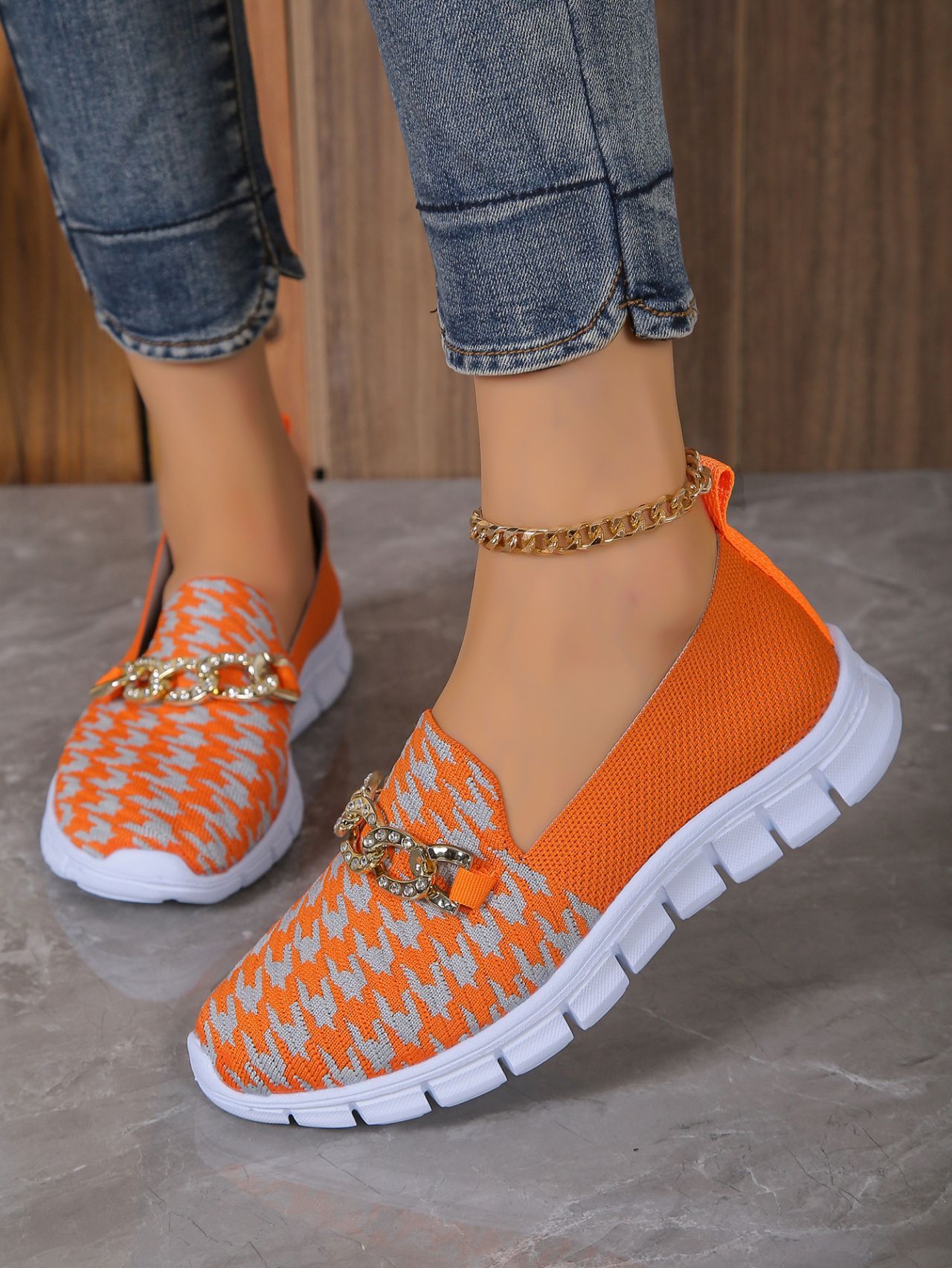 Lässige Houndstooth Print Kette Mesh Schuhe Sommer Walking Sport Flache Schuhe Frauen Atmungsaktive Slipper