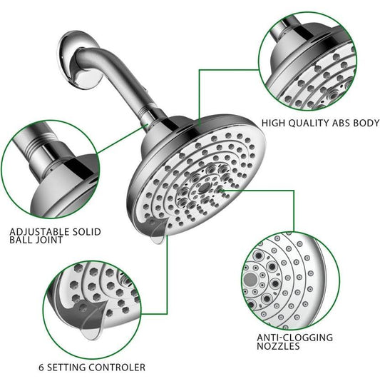 6 Spray Settings High Pressure Shower Head 5 Rain Fixed Showerhead - Brushed Nickel Adjustable Shower Head With Anti-Clogging Nozzles, Low Flow Easily Installation - Mubimart