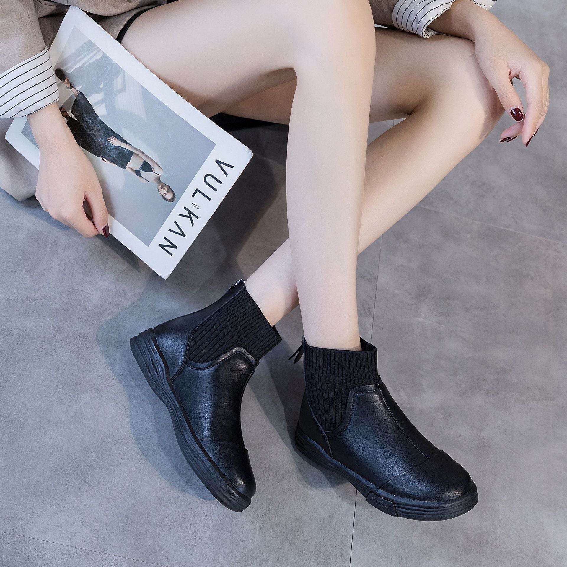 Flat Vintage Elastic Booties All-matching Fleece-lined Ankle Boots - Mubimart