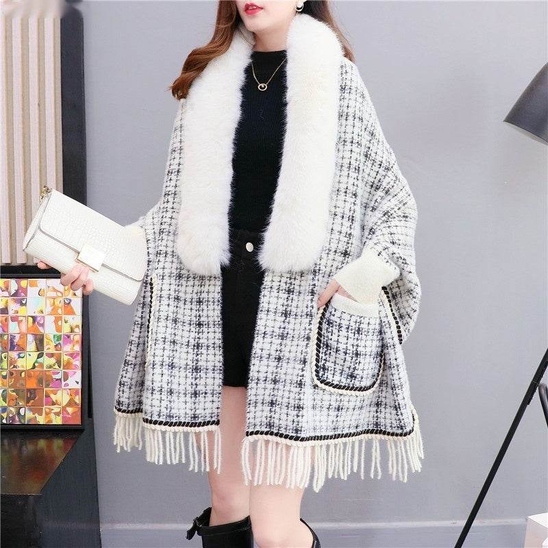 Autumn And Winter New Imitated Mink Cashmere Fur Collar Cape And Shawl Plus Size Tassel Knitted Cardigan - Mubimart